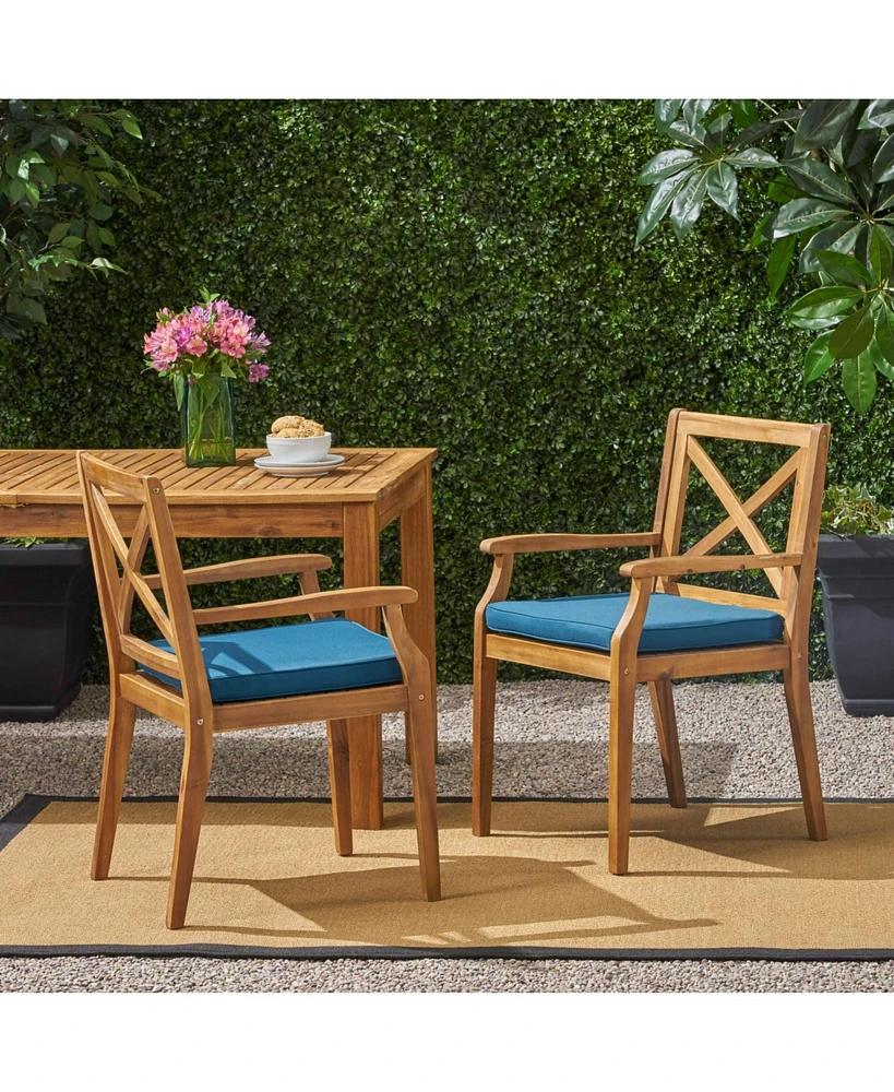 Blue Cushion Patio Chairs - Wood Arm Dining Set (Set of 2)