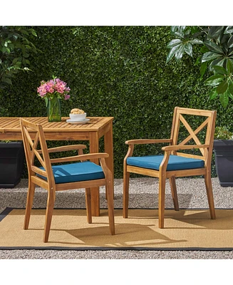 Blue Cushion Patio Chairs - Wood Arm Dining Set (Set of 2)