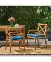 Blue Cushion Patio Chairs - Wood Arm Dining Set (Set of 2)