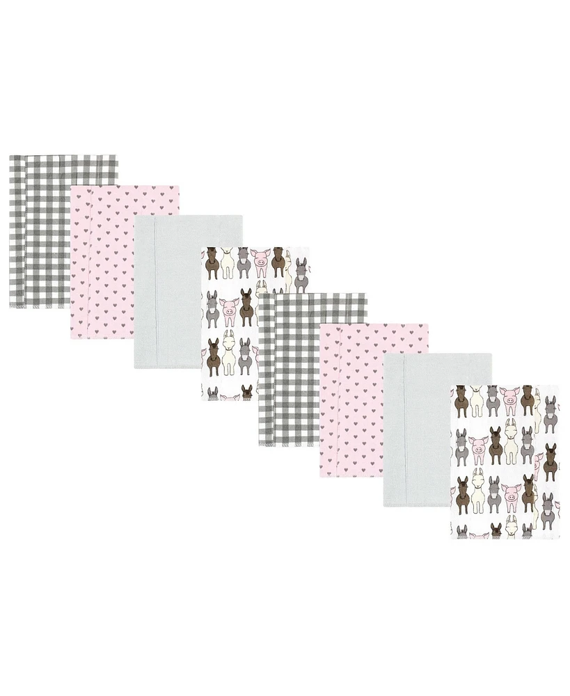 Hudson Baby Girls Cotton Poly Flannel Burp Cloths 8-Pack, Farm Friends Pink, One Size