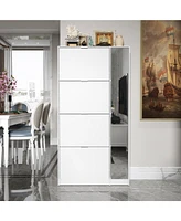 4-tier chest of drawers with metal handles and a side cabinet, white wooden shoe rack with adjustable partitions, mirrored doors