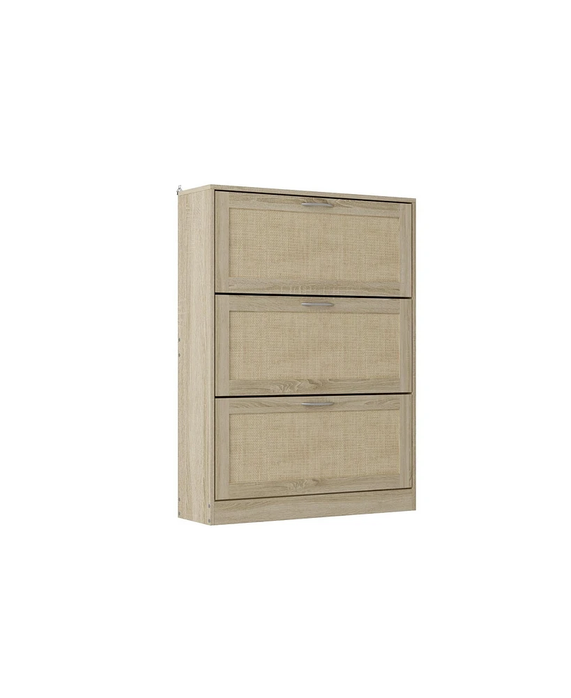 Wooden 3-door yellow shoe cabinet, multifunctional shoe rack with adjustable shelves, rattan drawers