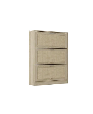 Wooden 3-door yellow shoe cabinet, multifunctional shoe rack with adjustable shelves, rattan drawers