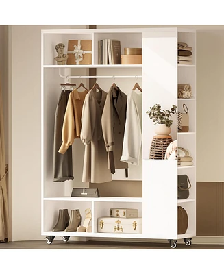 Closet Racks on Wheels with Mirror and 10 Shelves, Movable