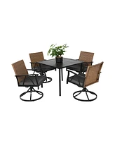 5pc Patio Dining Set, Wicker, Swivel Chairs, Steel Table, Cushions