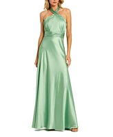 Mac Duggal Women's Ruched Halter Neck Tie Back Satin Gown
