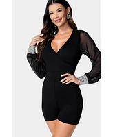 Bebe Women's Crystal Cuff Sheer Sleeve Romper