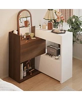 Wooden Retractable shoe cabinet, white and wood grain color, shoe rack with movable shelves
