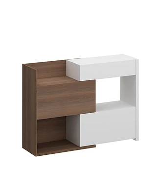 Wooden Retractable shoe cabinet, white and wood grain color, shoe rack with movable shelves
