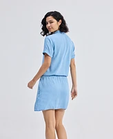 Reistor Women's Drawstring Denim Shirt Dress with Front Buttons Blue