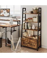 Bookshelf with Louvered Doors, 3-Tier Ladder Shelf