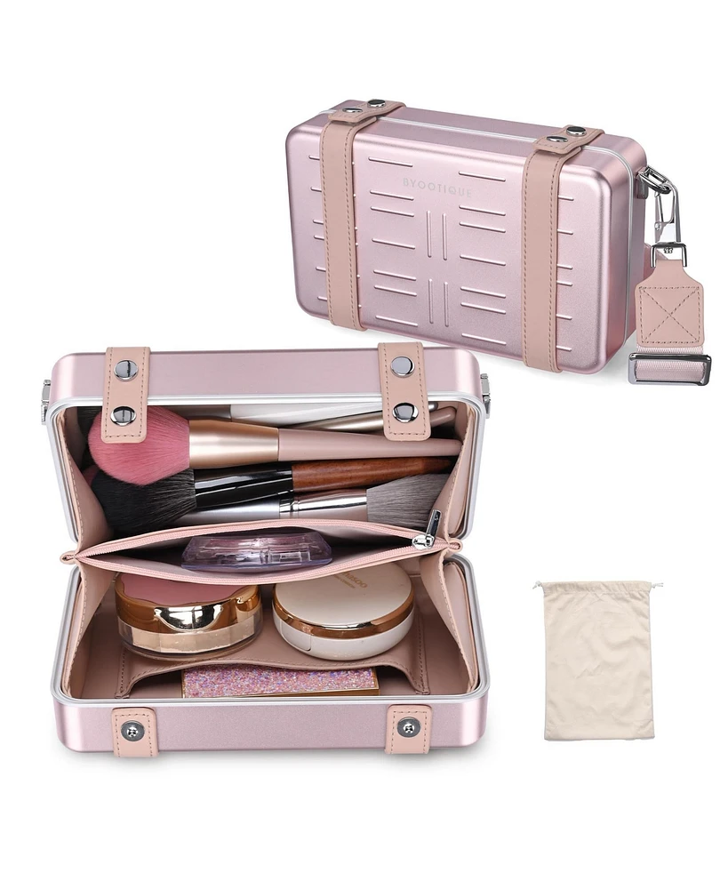 Byootique Mini Suitcase Crossbody Bag Portable Hard Shell Aluminum Cosmetic Makeup Case with Adjustable Strap Travel Handbag for Makeup Artist,Red
