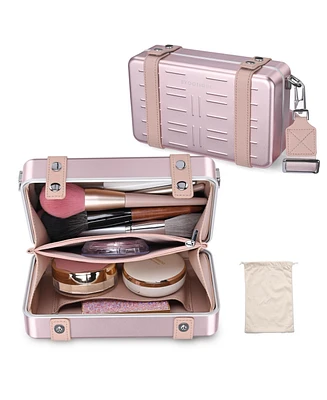 Byootique Mini Suitcase Crossbody Bag Portable Hard Shell Aluminum Cosmetic Makeup Case with Adjustable Strap Travel Handbag for Makeup Artist,Red