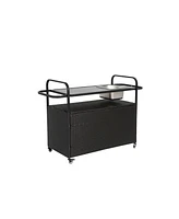 Black wicker outdoor bar cart with steel top, ice bucket, locking wheels, and side basket