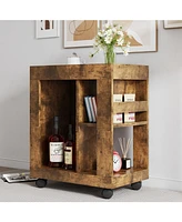 Mid-century modern style movable side cabinet for sofa, household brown trolley storage locker and shelf for living room