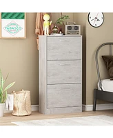 Wooden 3-door grey shoe cabinet, shutter door drawers, multi-purpose shoe rack with adjustable shelves