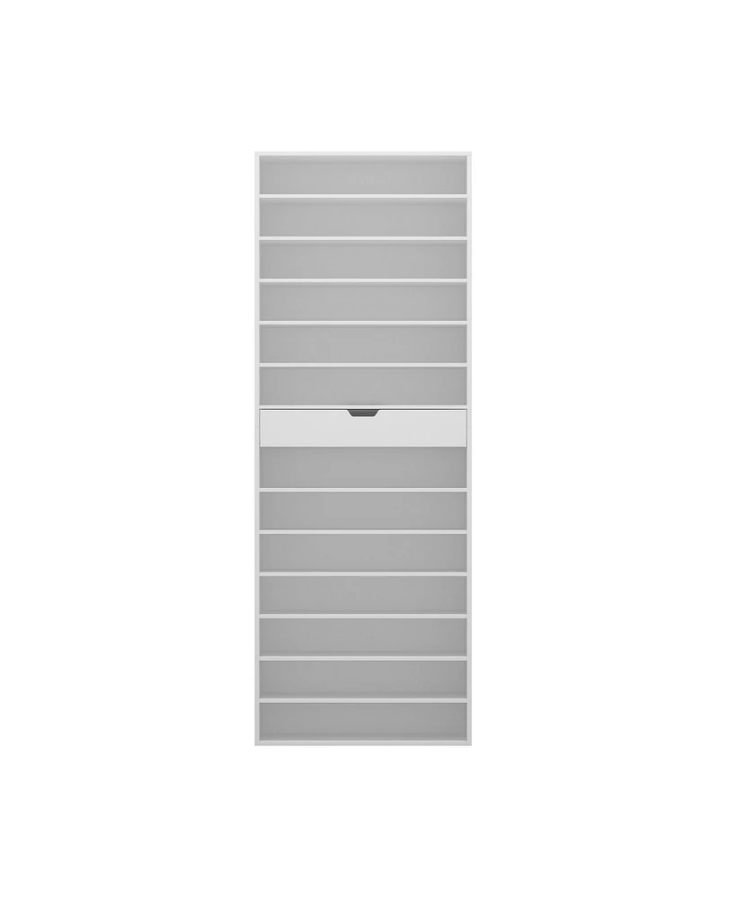 13-tier partition shoe cabinet with adjustable shelves, multifunctional storage, one drawer, spinner wheel design, four wheels, two with brakes, white