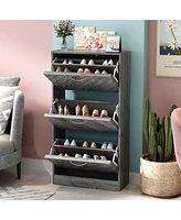 Wooden three-door yellow shoe cabinet, shutter door drawers, multi-purpose rack with adjustable shelves