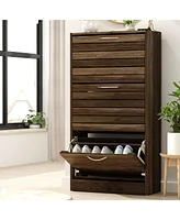 Wooden 3-door yellow shoe cabinet, shutter door drawers, multi-purpose rack with adjustable shelves
