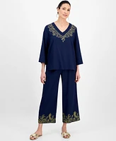 Jm Collection Women's Linen Blend Embroidered-v-Neck Top, Exclusively at Macy's