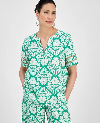 Jm Collection Women's Printed Split-Neck Short-Sleeve Top, Exclusively at Macy's