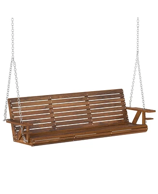 Outsunny 5 Ft Wooden Porch Swing 3-Seater with Cupholders,