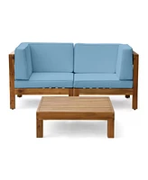 Teak Acacia Wood Outdoor Set, 2 Armchairs & Coffee Table - Blue