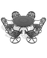 7-Pc Cast Aluminum Dining Set, 6 Swivel Chairs, 47" Round Table, Black Frame