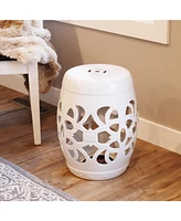Knotted Quatrefoil Ceramic Garden Stool Side Table - Indoor or Outdoor - 18-Inch H - White Glazed Finish