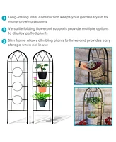 Steel 2-Piece Arched Garden Trellis for Climbing Plants with 3 Folding Flowerpot Supports