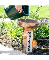 Staked Country Tree Stump Bird Bath with Solar Lighted Address Plate and Custom Number Stickers Set - 15.5-Inch H