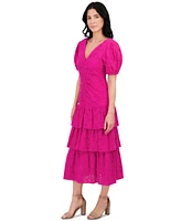 kensie Women's Emboridered Layered Puff-Sleeve Maxi Dress