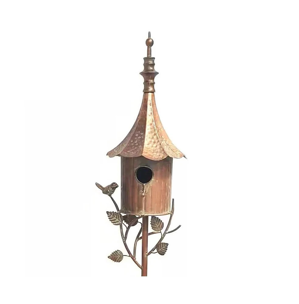 Outdoor Copper Finish Iron Gramophone Roof Birdhouse with Garden Stake for Garden Decor