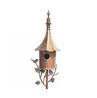 Outdoor Copper Finish Iron Gramophone Roof Birdhouse with Garden Stake for Garden Decor