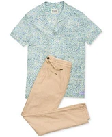 Scotch Soda Mens Regular Fit Geo Print Button Down Camp Shirt Warren Straight Fit Textured Drawstring Pants