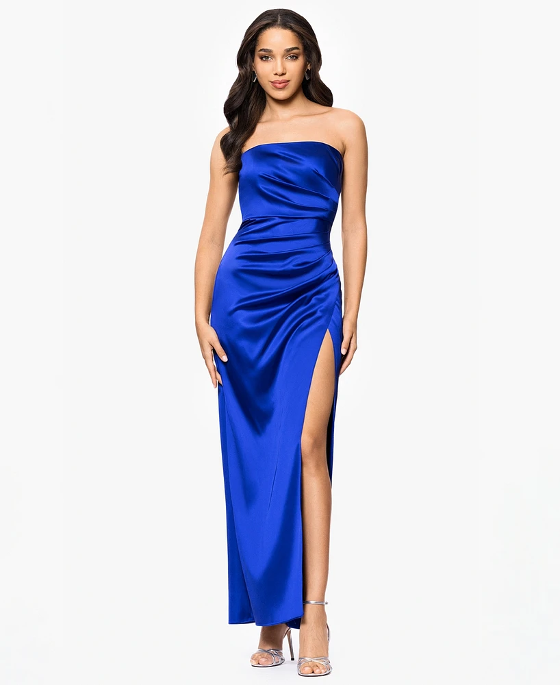 Blondie Nites Juniors' Strapless Draped Side-Slit Gown