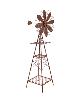 51-Inch Rustic Windmill Metal Garden Statue with Tiers - Yard Art, Lawn and Garden Sculpture Decor - Brown/Copper