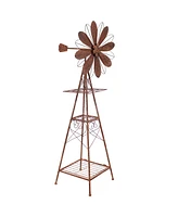 51-Inch Rustic Windmill Metal Garden Statue with Tiers - Yard Art, Lawn and Garden Sculpture Decor - Brown/Copper