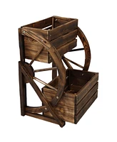 Wagon Wheel 2-Tier Rustic Wood Plant Stand - Tiered Garden Box - For Patio, Garden