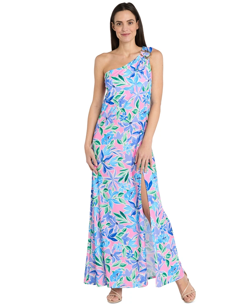 R & M Richards Women's Hardware-Trim One-Shoulder Maxi Dress