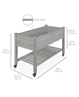 Outdoor Wood Raised Garden Bed Planter Box with Shelf and Locking Wheels