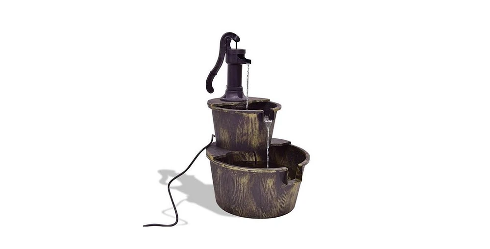 Outdoor 2-Tier Rustic Barrel Water Fountain with Submersible Pump for Garden Decoration