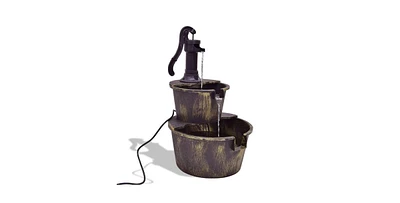 Outdoor 2-Tier Rustic Barrel Water Fountain with Submersible Pump for Garden Decoration