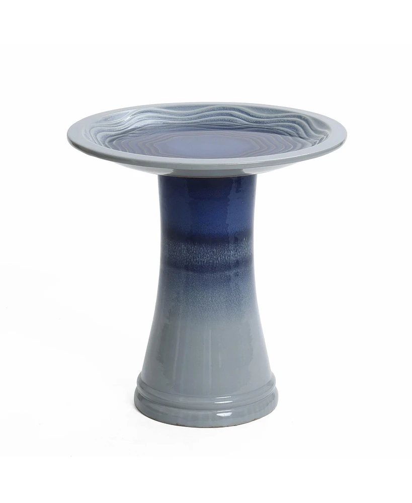 LuxenHome Blue Waves 18-Inch Tall Ceramic Birdbath