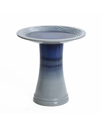 LuxenHome Blue Waves 18-Inch Tall Ceramic Birdbath