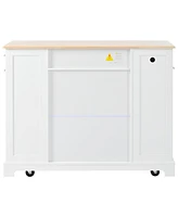 Fluted Kitchen Island with Trash Storage, Outlets, Internal Rack, and Rollers