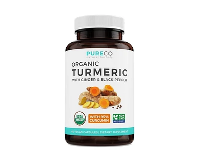Organic Turmeric With Ginger & Black Pepper Supplement Capsules, Turmeric Curcumin Supplement for Immunity and Healthy Joints, Pure Co, 60ct