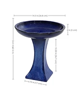 Ceramic Bird Bath for Outside - 16" H - Uv- and Frost-Resistant - Pedestal Bird Bath - Blue Glazed Bowl