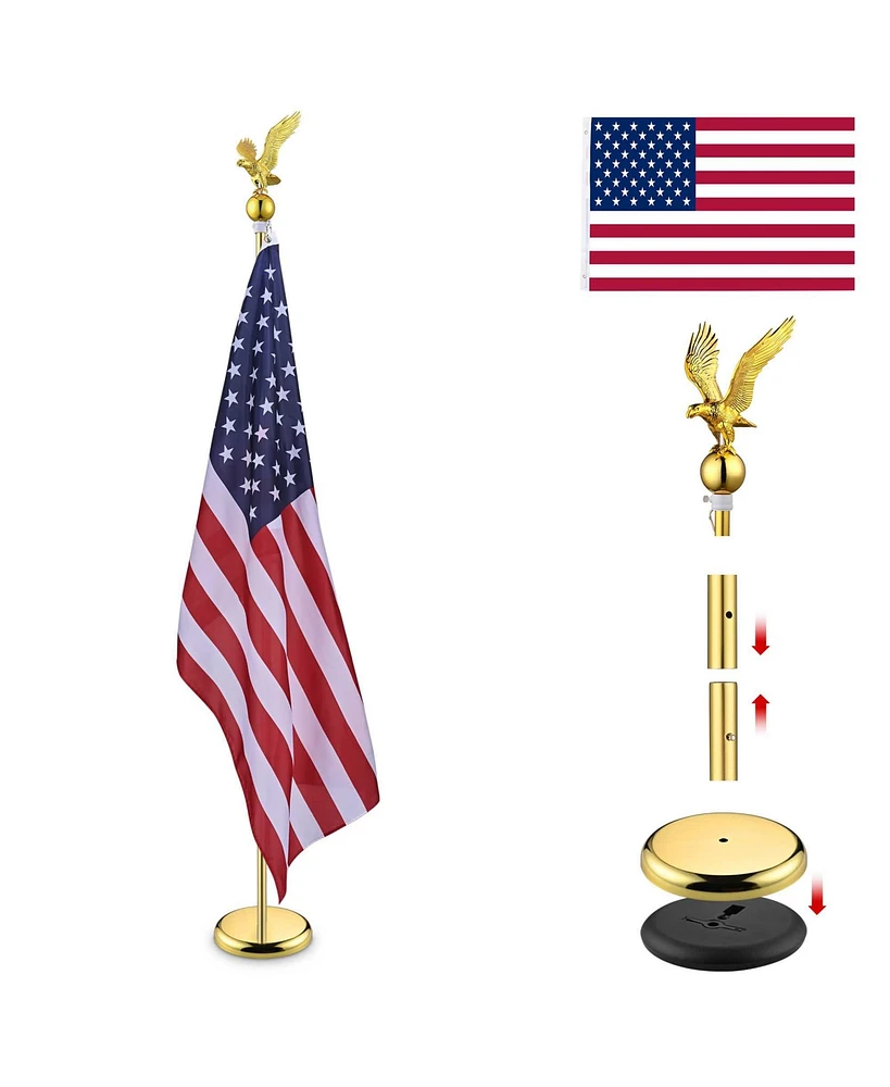 Yescom 6Ft Indoor Flag Pole Kit Eagle Topper Aluminum Gold Pole with Base 3x5Ft Us Flag for Office School City Hall