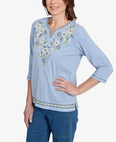 Alfred Dunner Women's Flower Power Embroidered Daisy Split Neckline Top